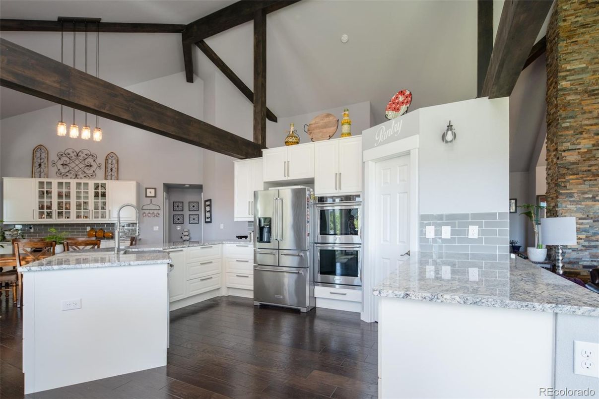 Interior, Kitchen, Pendant Lights, Stainless Steel Appliances, Wooden Beams, Wood Texture Flooring