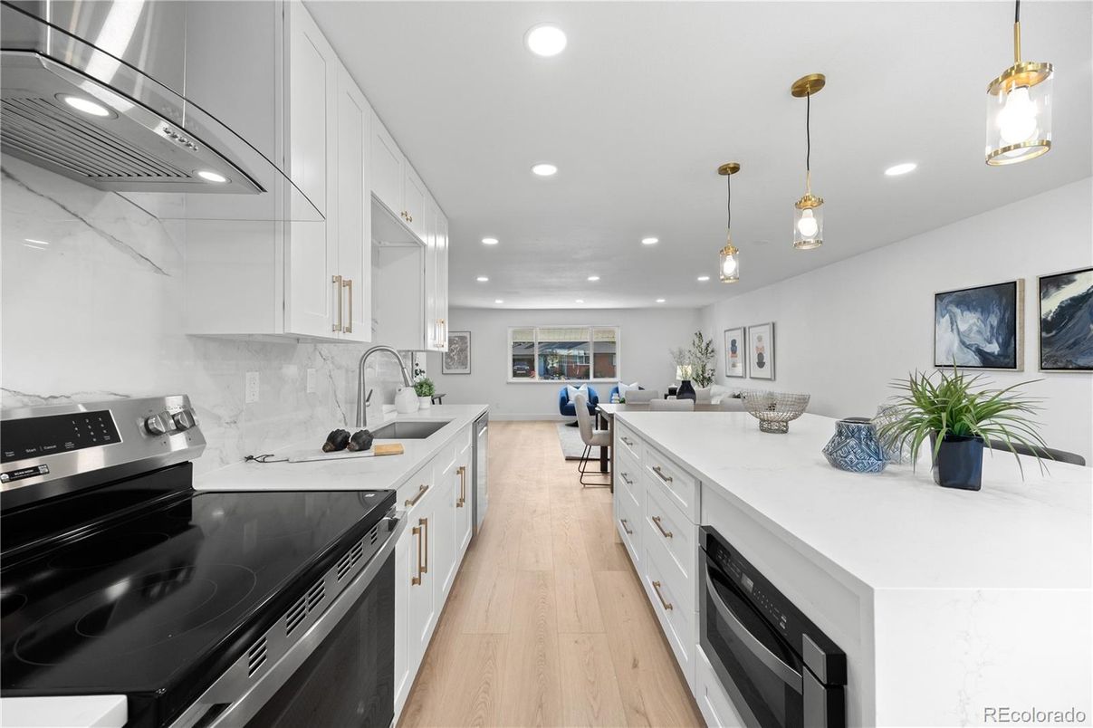 Interior, Kitchen, Pendant Lights, Recessed Lighting, Stainless Steel Appliances, Wood Texture Flooring