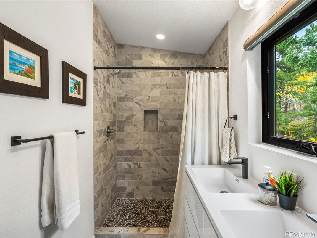 Bathroom, Glass Shower, Interior, Marble Walls, Recessed Lighting