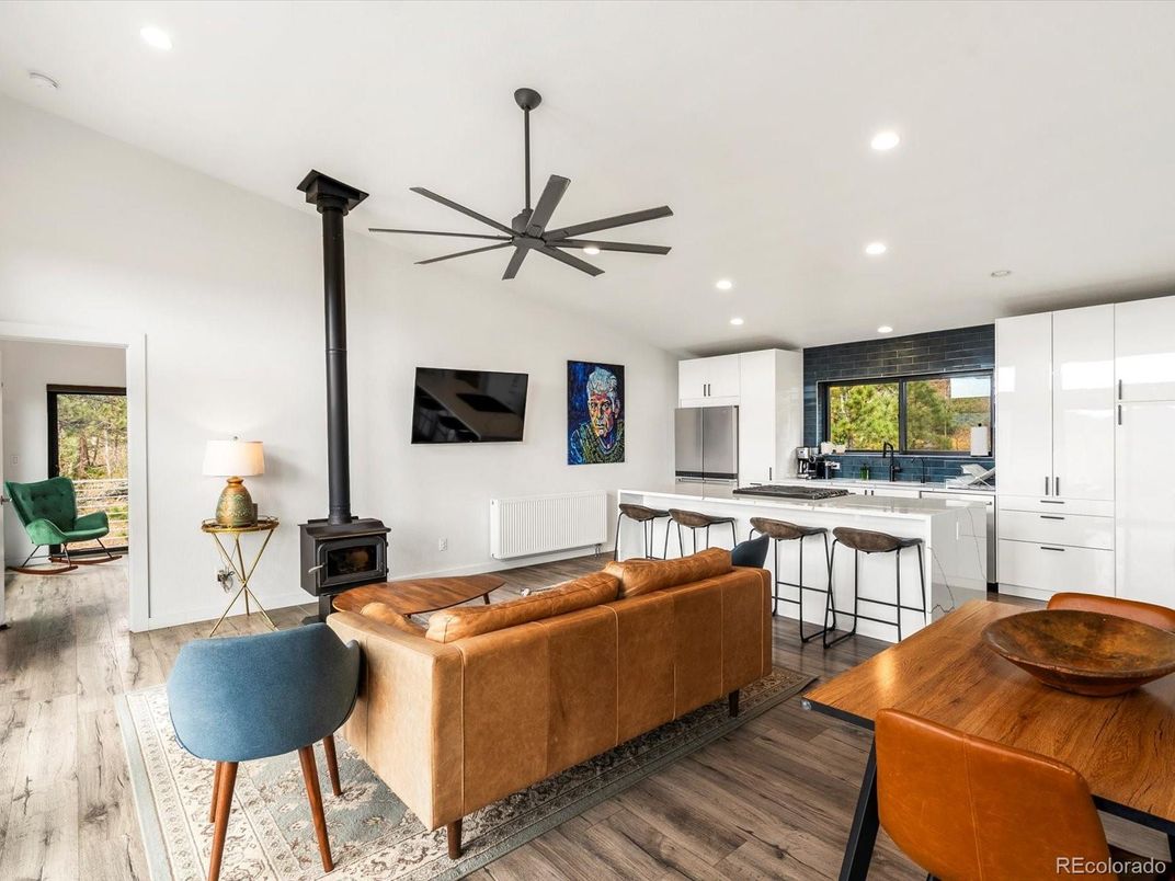 Interior, Kitchen, Living room, Recessed Lighting, Stainless Steel Appliances, Wood Texture Flooring