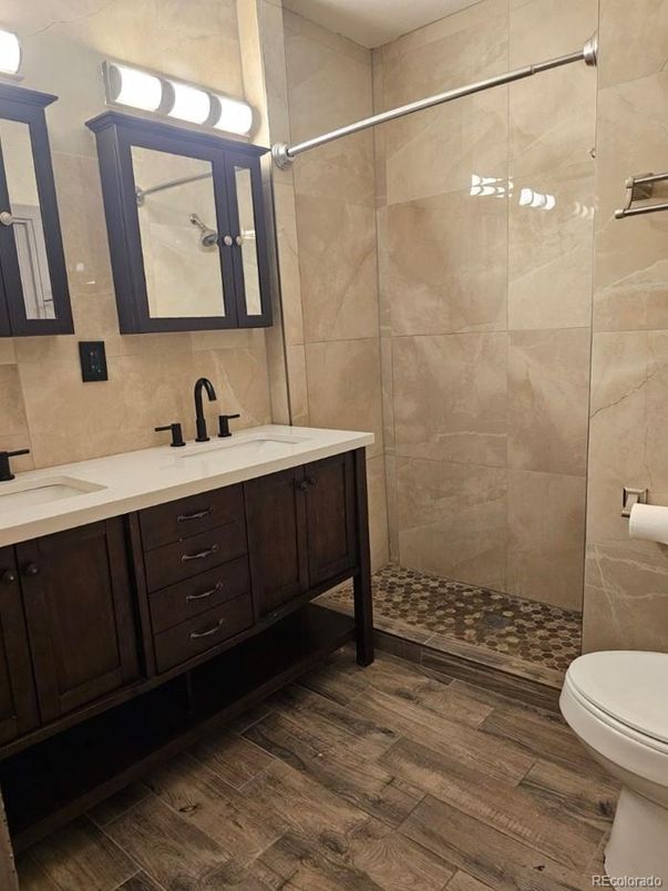 Bathroom, Dual Sink Vanities, Glass Shower, Interior, Wood Texture Flooring