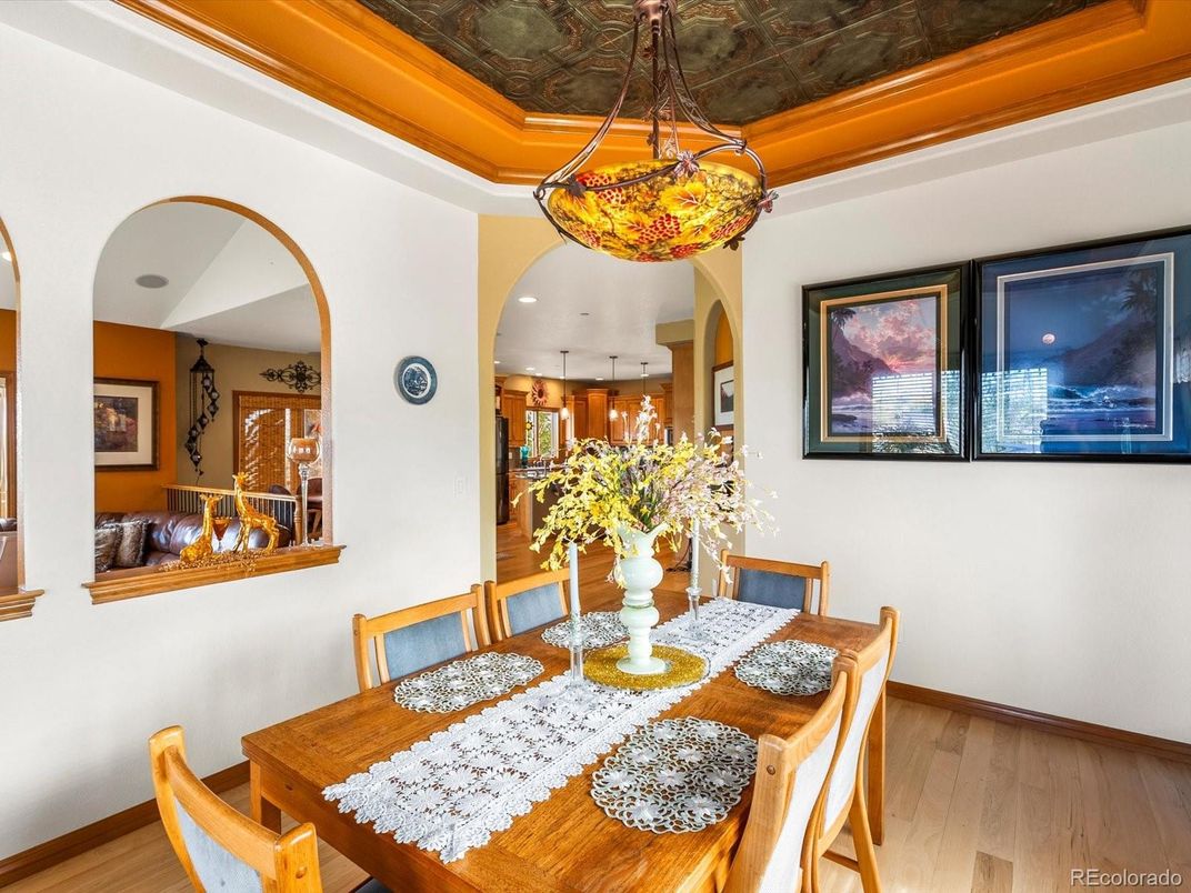 Dining room, Interior, Pendant Lights, Recessed Lighting, Wood Texture Flooring