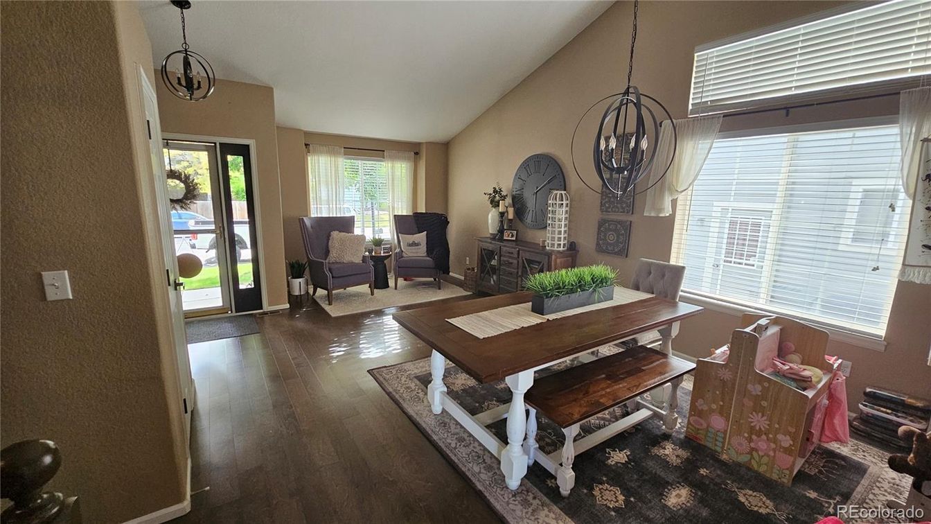Dining room, Interior, Living room, Pendant Lights, Wood Texture Flooring