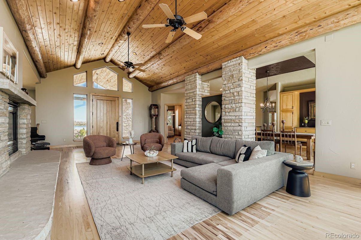 Dining room, Fireplace, Interior, Living room, Stone Walls, Wooden Beams, Wooden Ceilings, Wood Texture Flooring