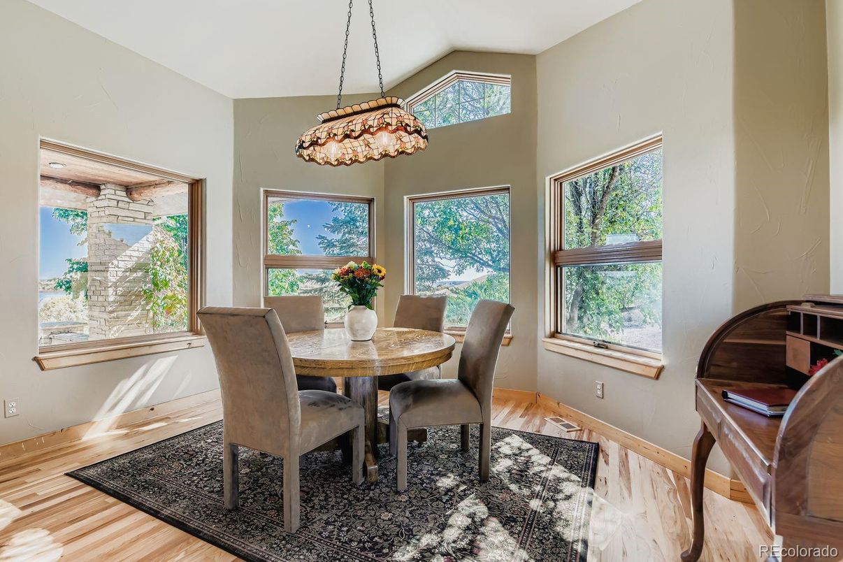 Dining room, Interior, Pendant Lights, Wood Texture Flooring