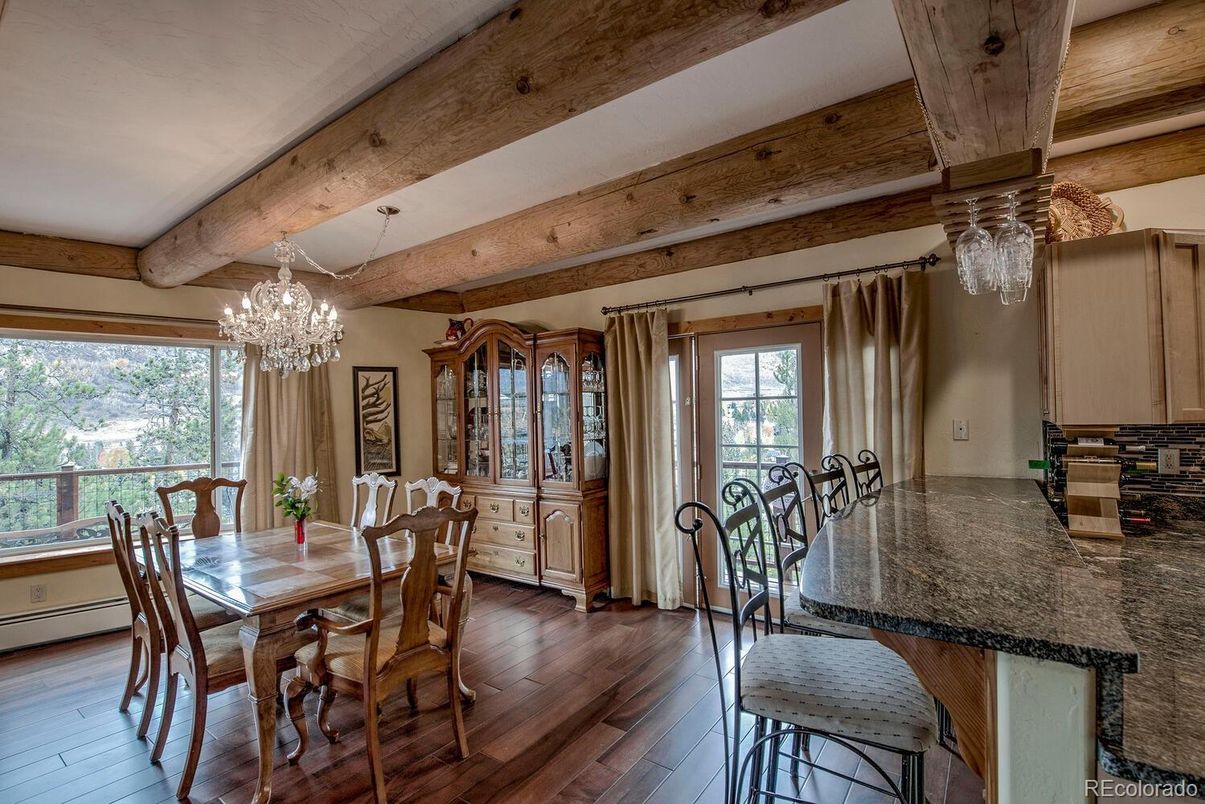 Chandelier, Dining room, Interior, Wooden Beams, Wood Texture Flooring