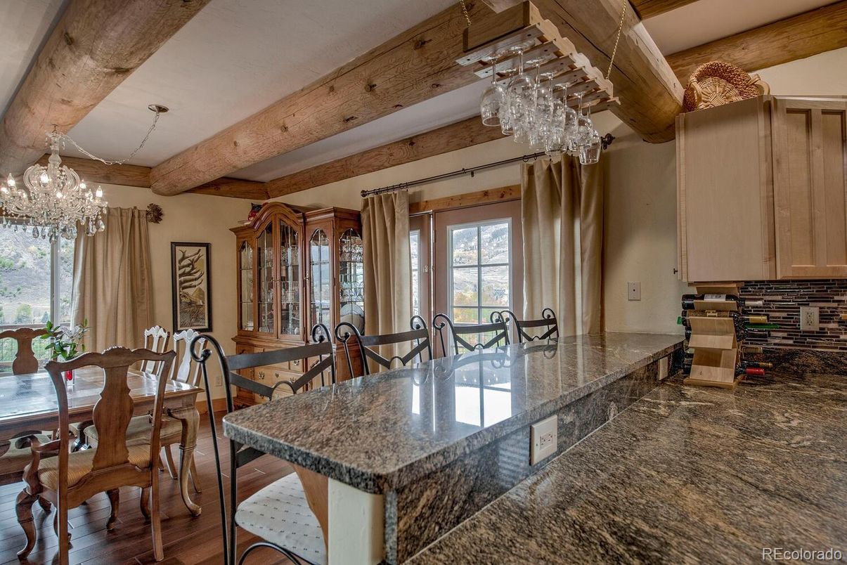 Chandelier, Dining room, Interior, Wooden Beams, Wood Texture Flooring
