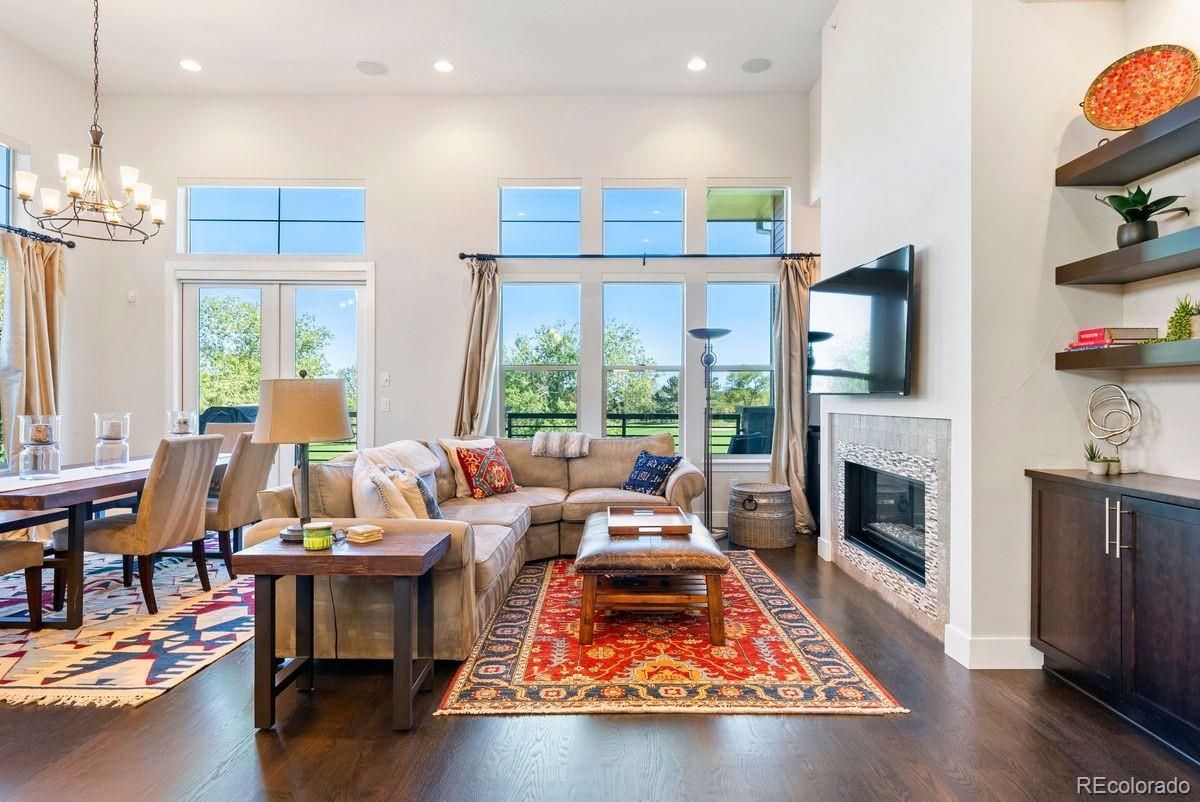 Chandelier, Dining room, Fireplace, Interior, Living room, Recessed Lighting, Wood Texture Flooring
