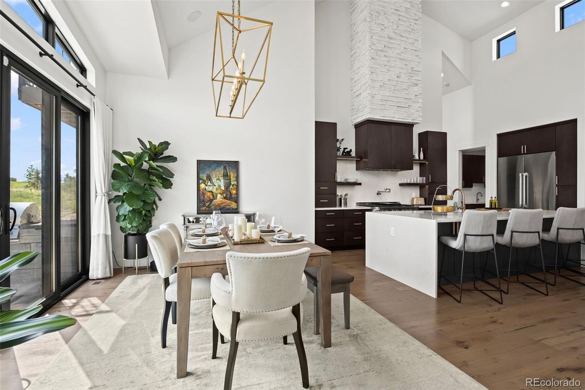Dining room, Interior, Kitchen, Pendant Lights, Recessed Lighting, Stainless Steel Appliances, Wood Texture Flooring