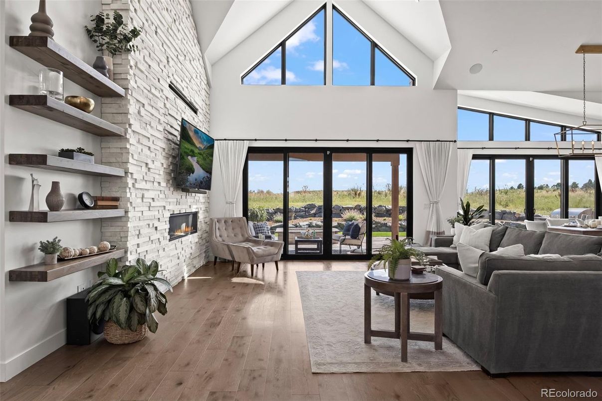 Fireplace, Interior, Living room, Pendant Lights, Stone Walls, Wood Texture Flooring