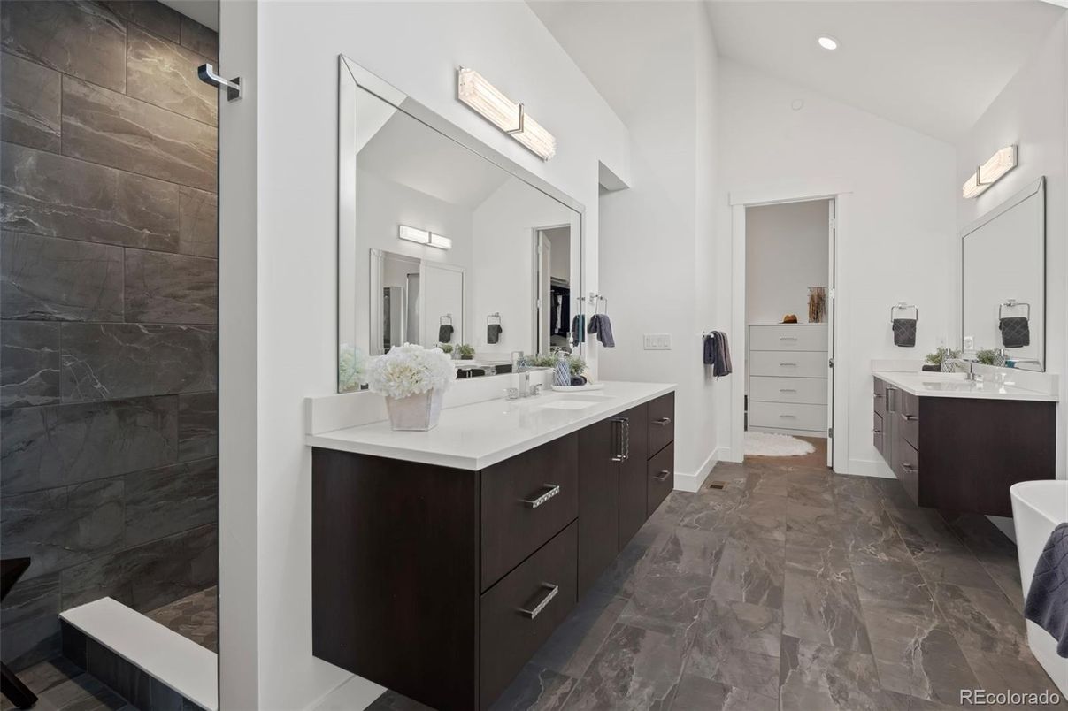 Bathroom, Dual Sink Vanities, Interior, Marble Walls, Recessed Lighting