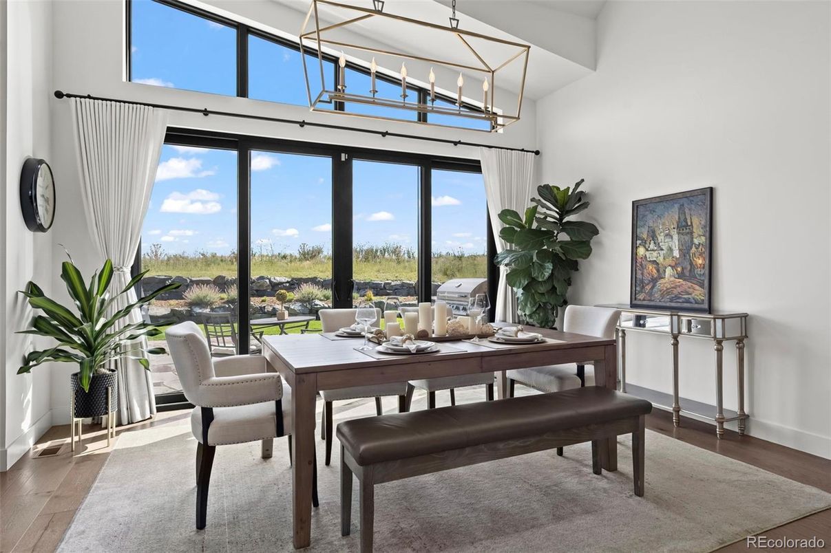 Dining room, Interior, Pendant Lights, Wood Texture Flooring