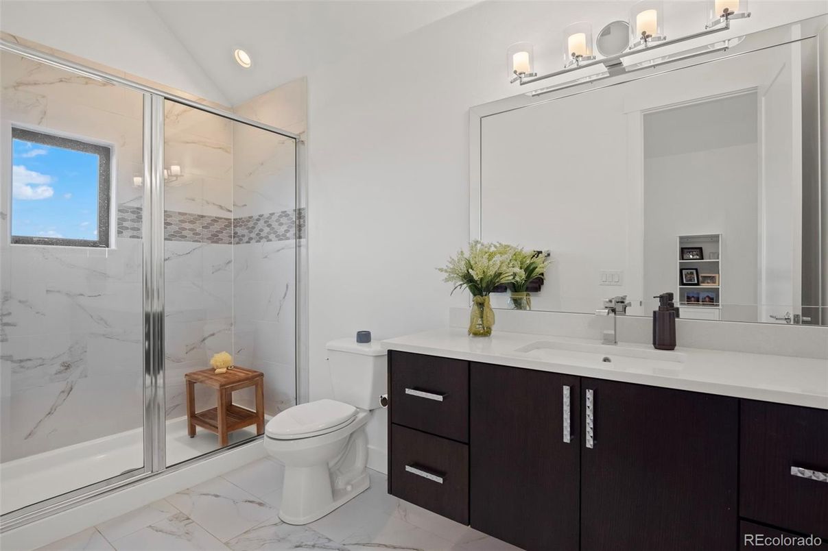 Bathroom, Glass Shower, Interior, Marble, Marble Walls, Recessed Lighting