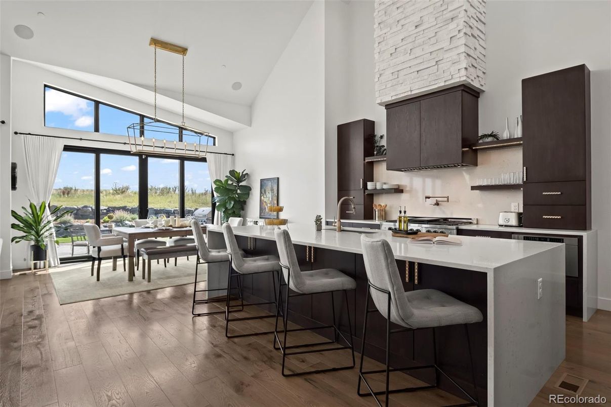 Dining room, Interior, Kitchen, Pendant Lights, Wood Texture Flooring
