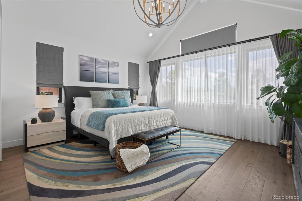 Bedroom, Interior, Pendant Lights, Wood Texture Flooring