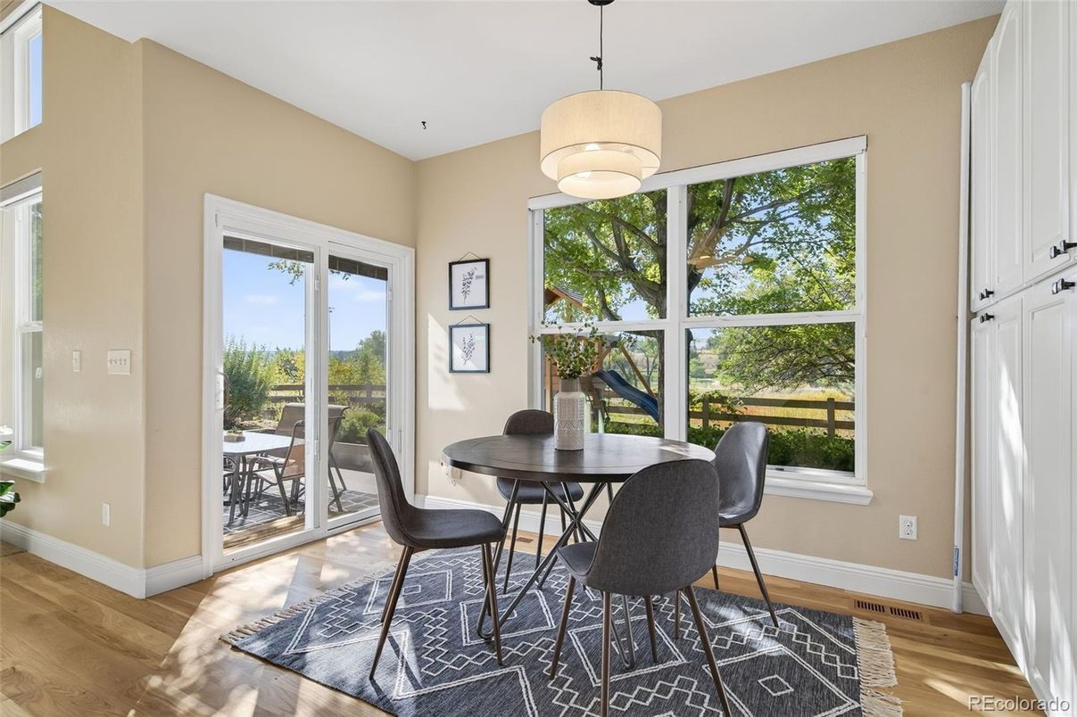 Dining room, Interior, Pendant Lights, Wood Texture Flooring