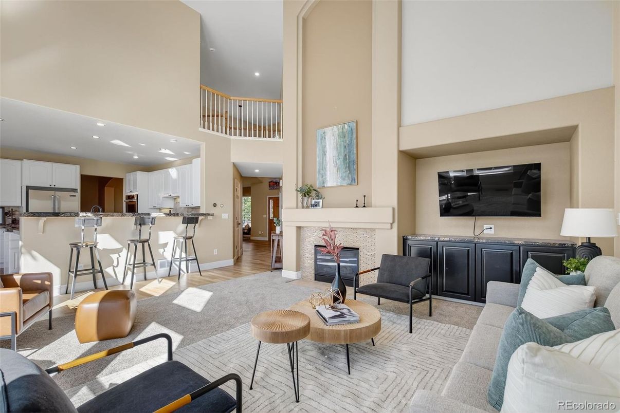 Fireplace, Interior, Kitchen, Living room, Recessed Lighting, Wood Texture Flooring