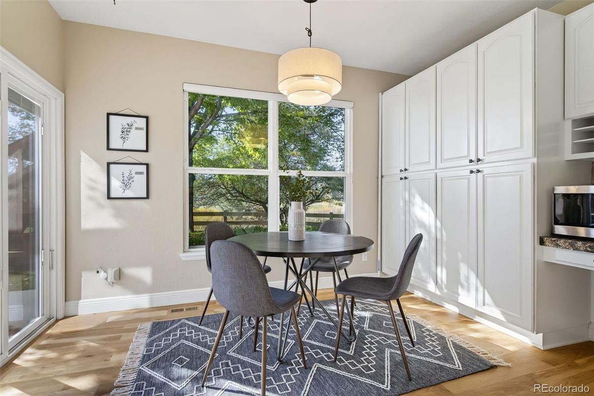 Dining room, Interior, Pendant Lights, Wood Texture Flooring