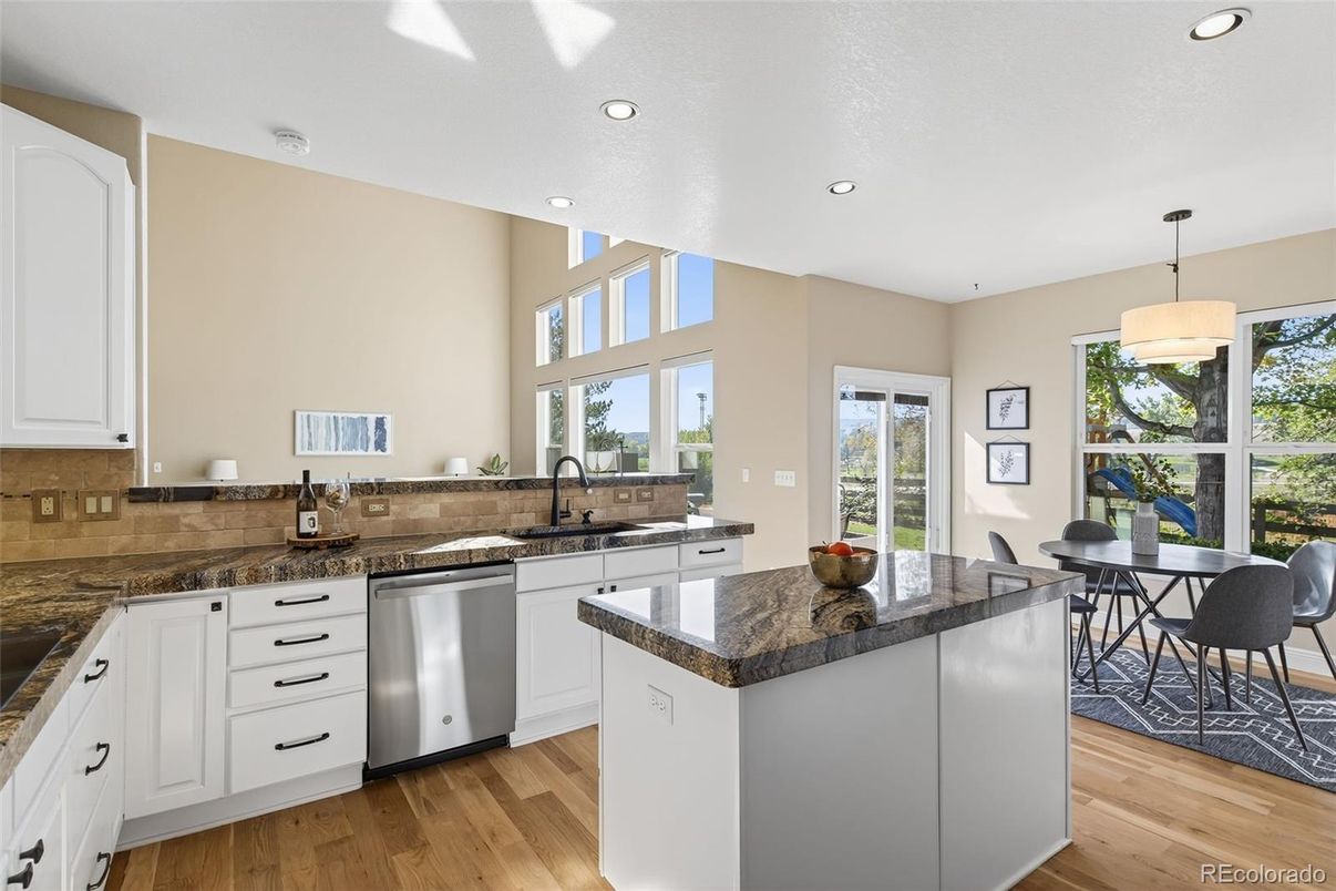 Dining room, Interior, Kitchen, Recessed Lighting, Wood Texture Flooring