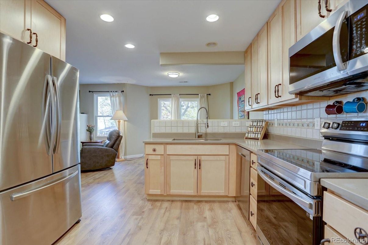 Interior, Kitchen, Recessed Lighting, Stainless Steel Appliances, Wood Texture Flooring
