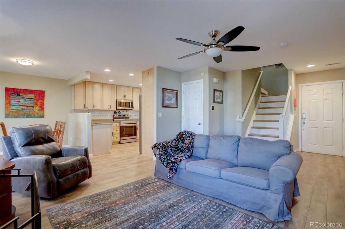 Interior, Kitchen, Living room, Recessed Lighting, Stainless Steel Appliances, Wood Texture Flooring