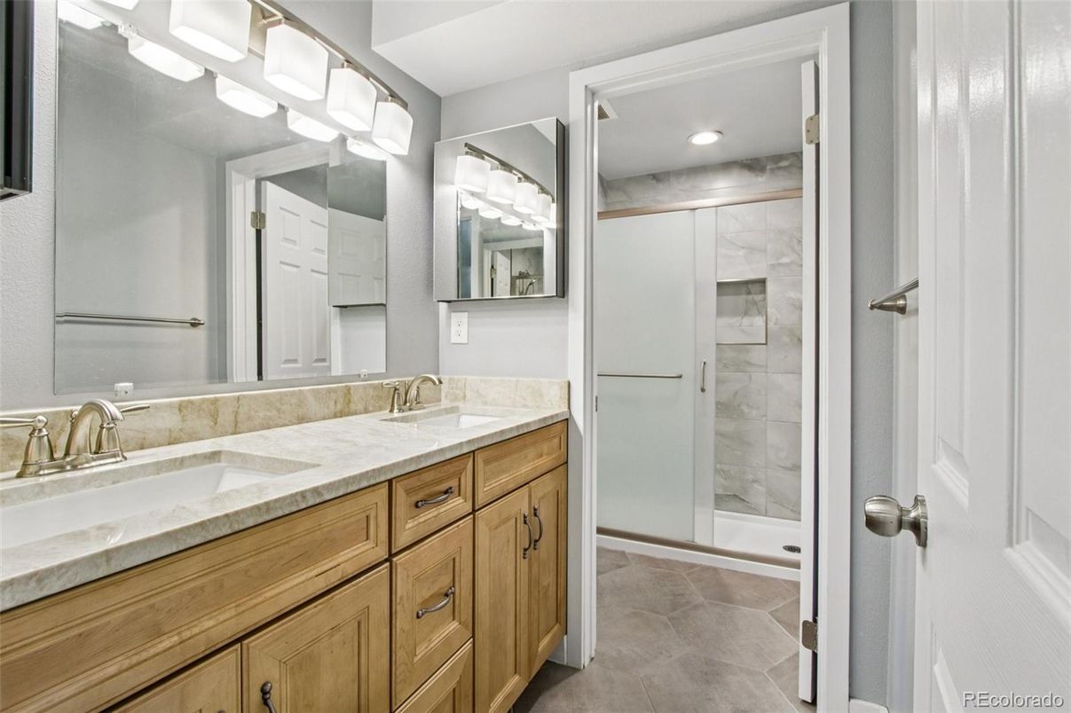 Bathroom, Dual Sink Vanities, Glass Shower, Interior, Recessed Lighting