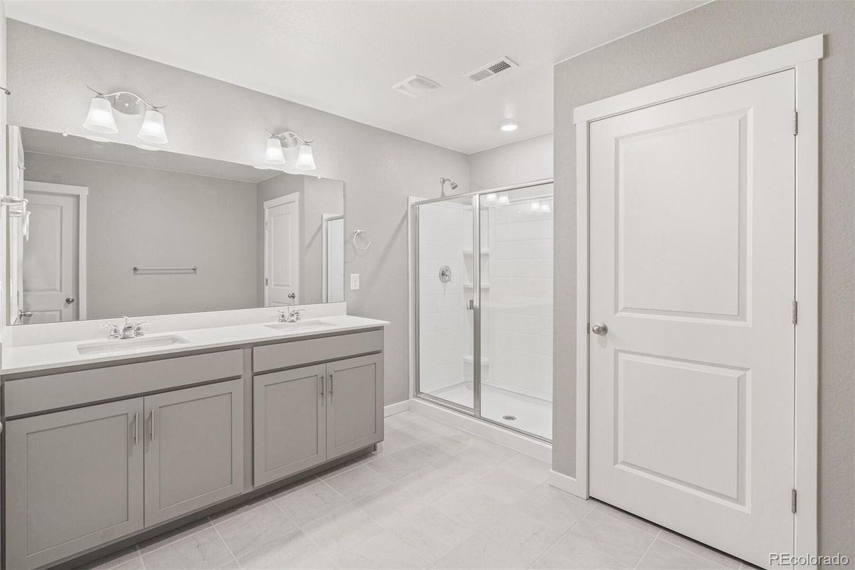 Bathroom, Dual Sink Vanities, Glass Shower, Interior, Recessed Lighting