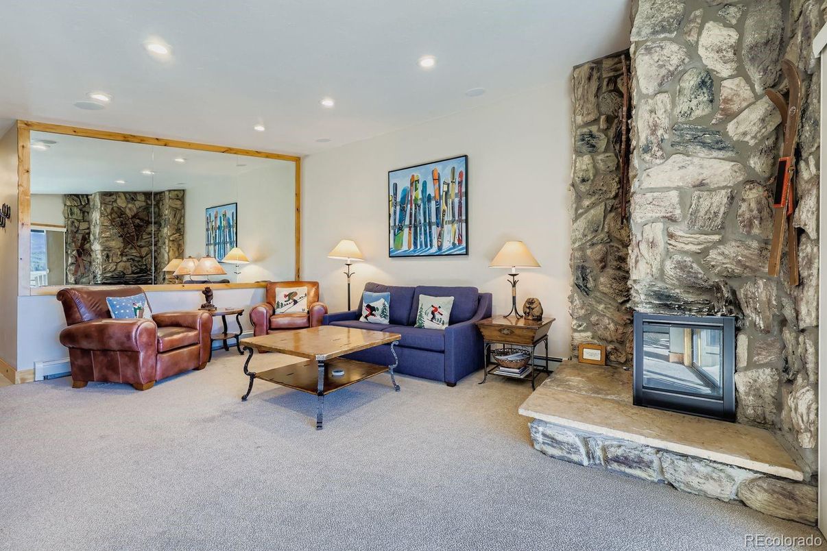 Fireplace, Interior, Living room, Recessed Lighting, Stone Walls
