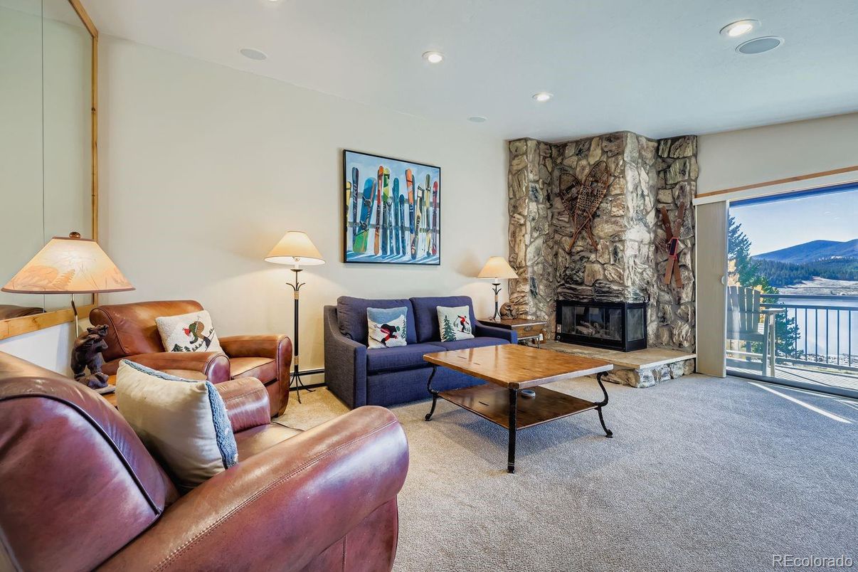 Fireplace, Interior, Living room, Recessed Lighting, Stone Walls