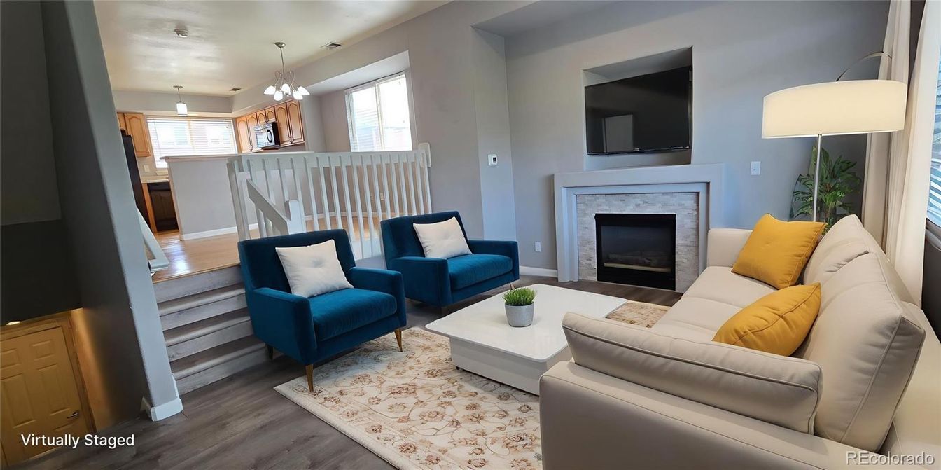 Fireplace, Interior, Living room, Pendant Lights, Wood Texture Flooring