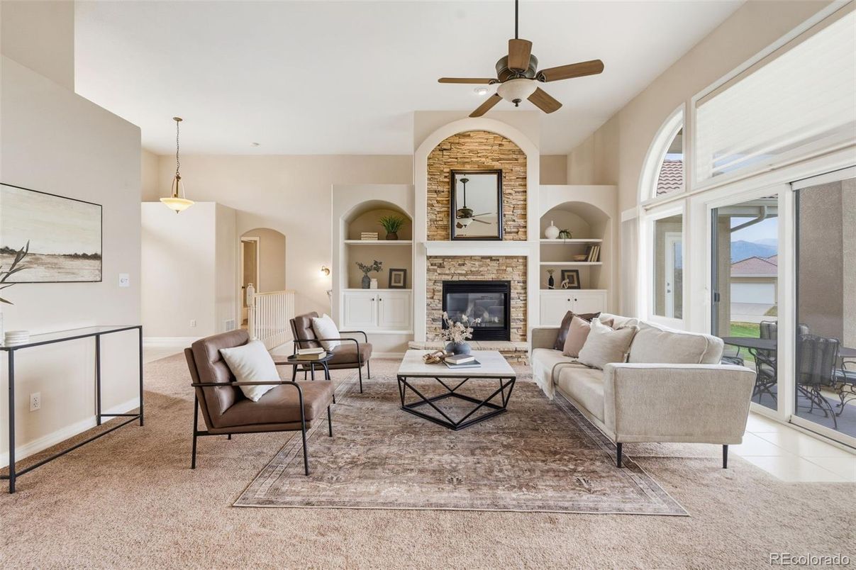 Fireplace, Interior, Living room, Pendant Lights, Stone Walls