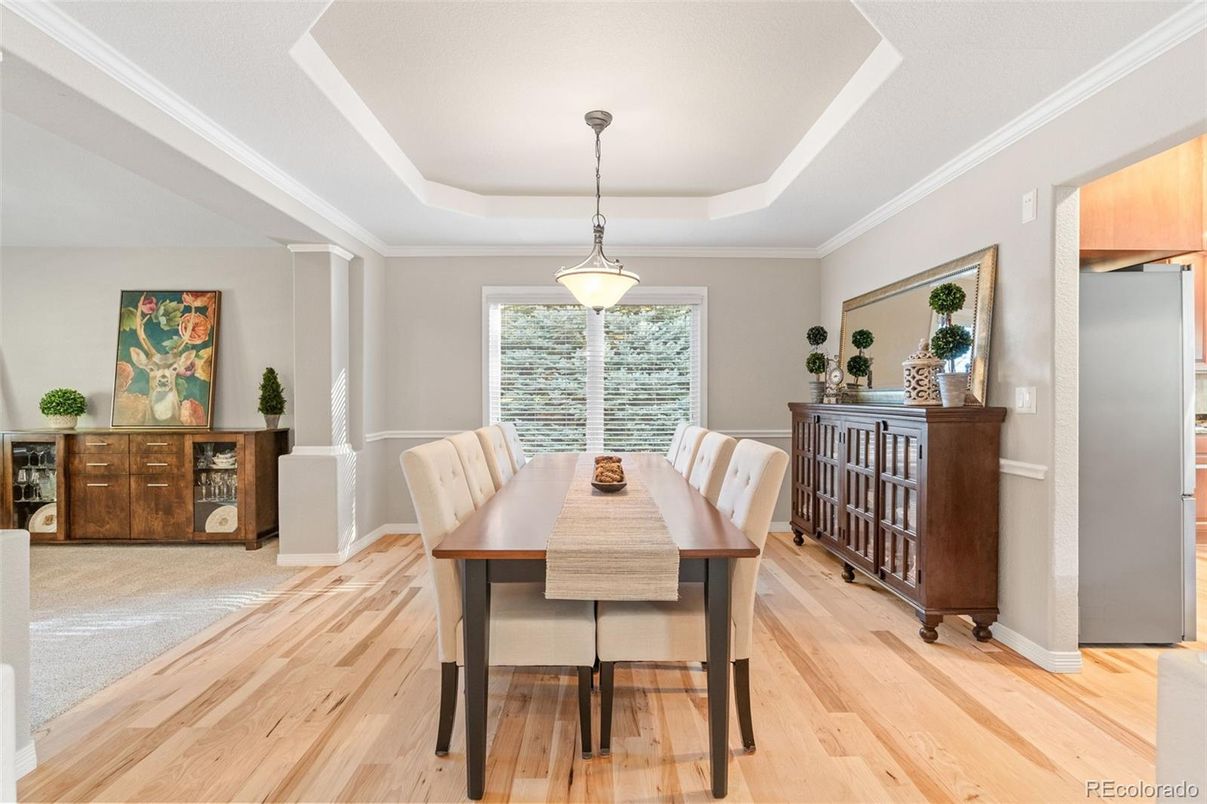 Dining room, Interior, Pendant Lights, Wood Texture Flooring