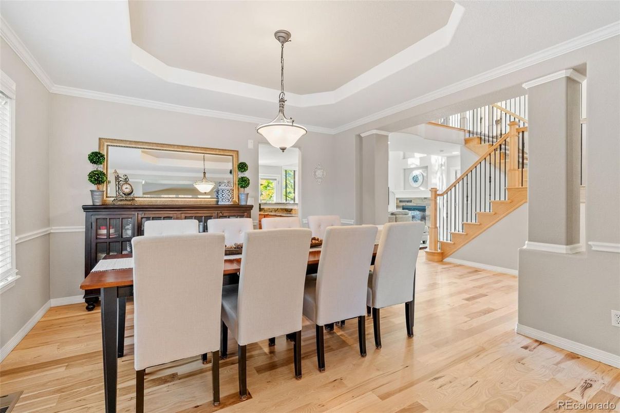 Dining room, Interior, Pendant Lights, Wood Texture Flooring