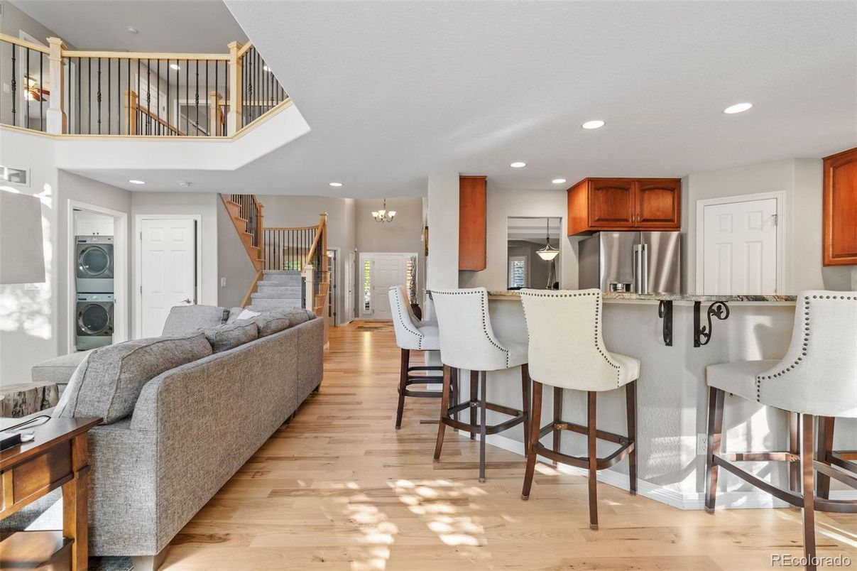 Interior, Kitchen, Living room, Recessed Lighting, Stainless Steel Appliances, Wood Texture Flooring