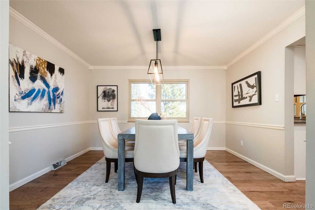 Dining room, Interior, Pendant Lights, Wood Texture Flooring