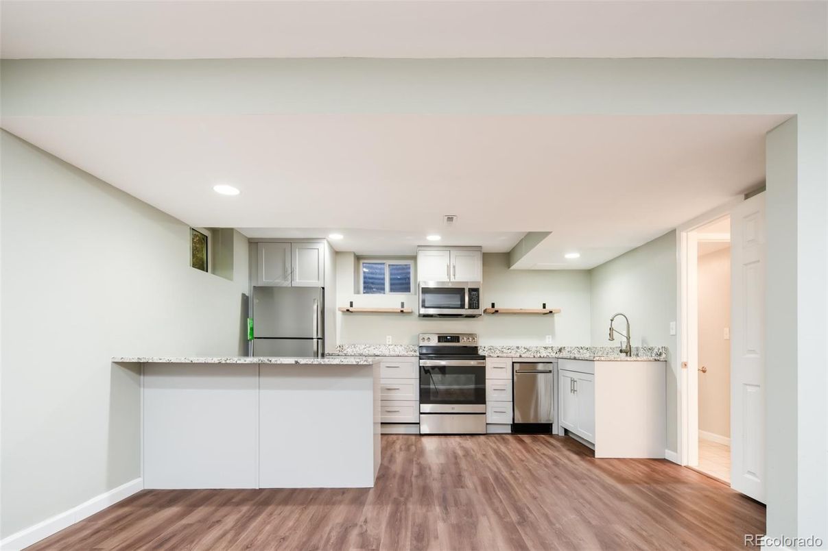 Interior, Kitchen, Recessed Lighting, Stainless Steel Appliances, Wood Texture Flooring