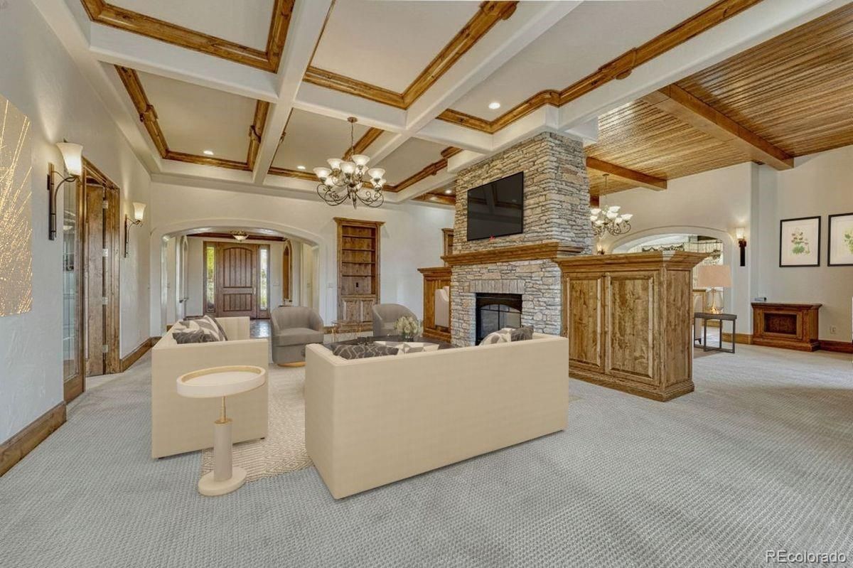Chandelier, Fireplace, Interior, Living room, Recessed Lighting, Stone Walls, Wooden Beams