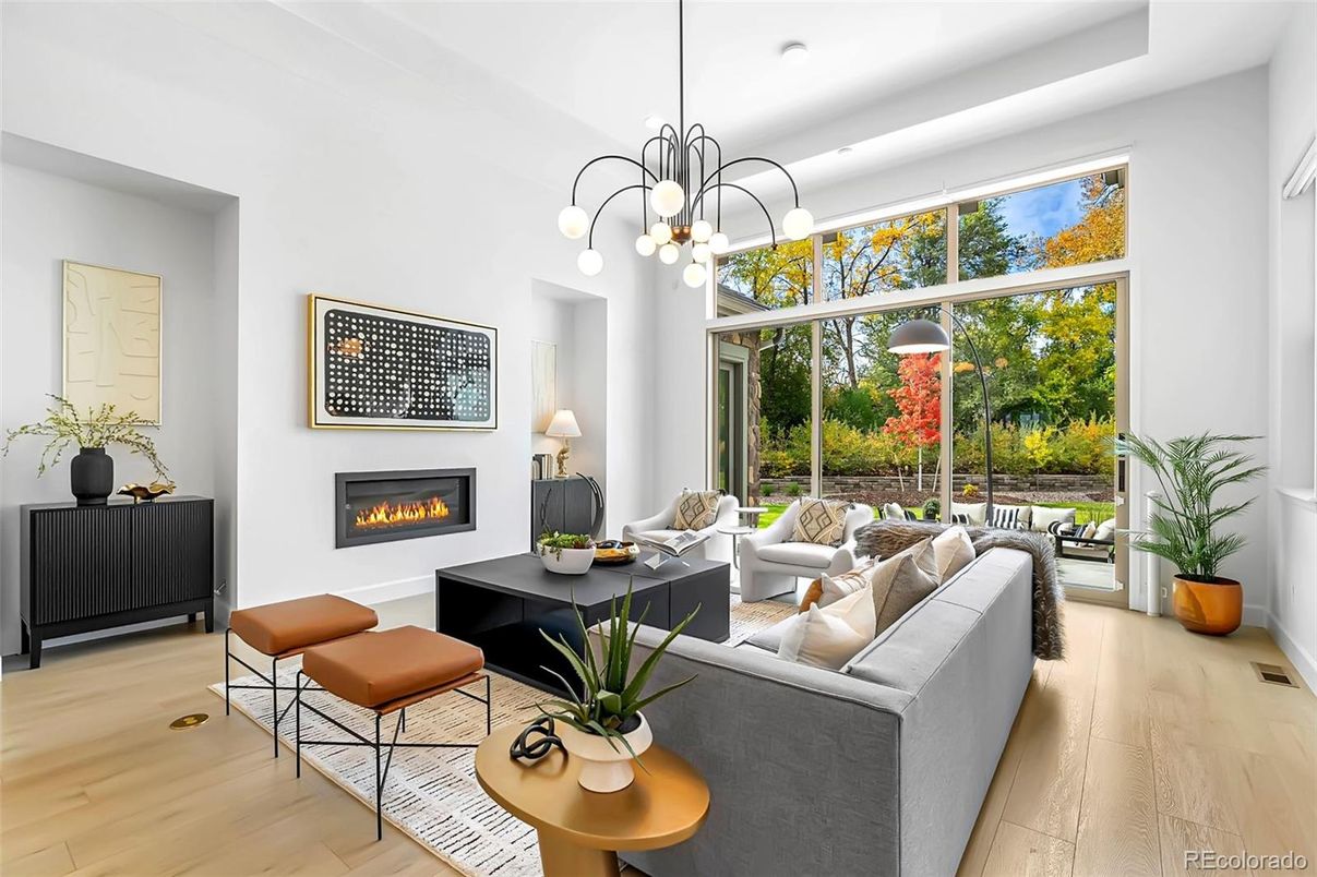 Fireplace, Interior, Living room, Pendant Lights, Wood Texture Flooring