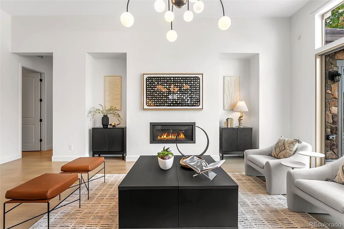 Fireplace, Interior, Living room, Pendant Lights, Wood Texture Flooring