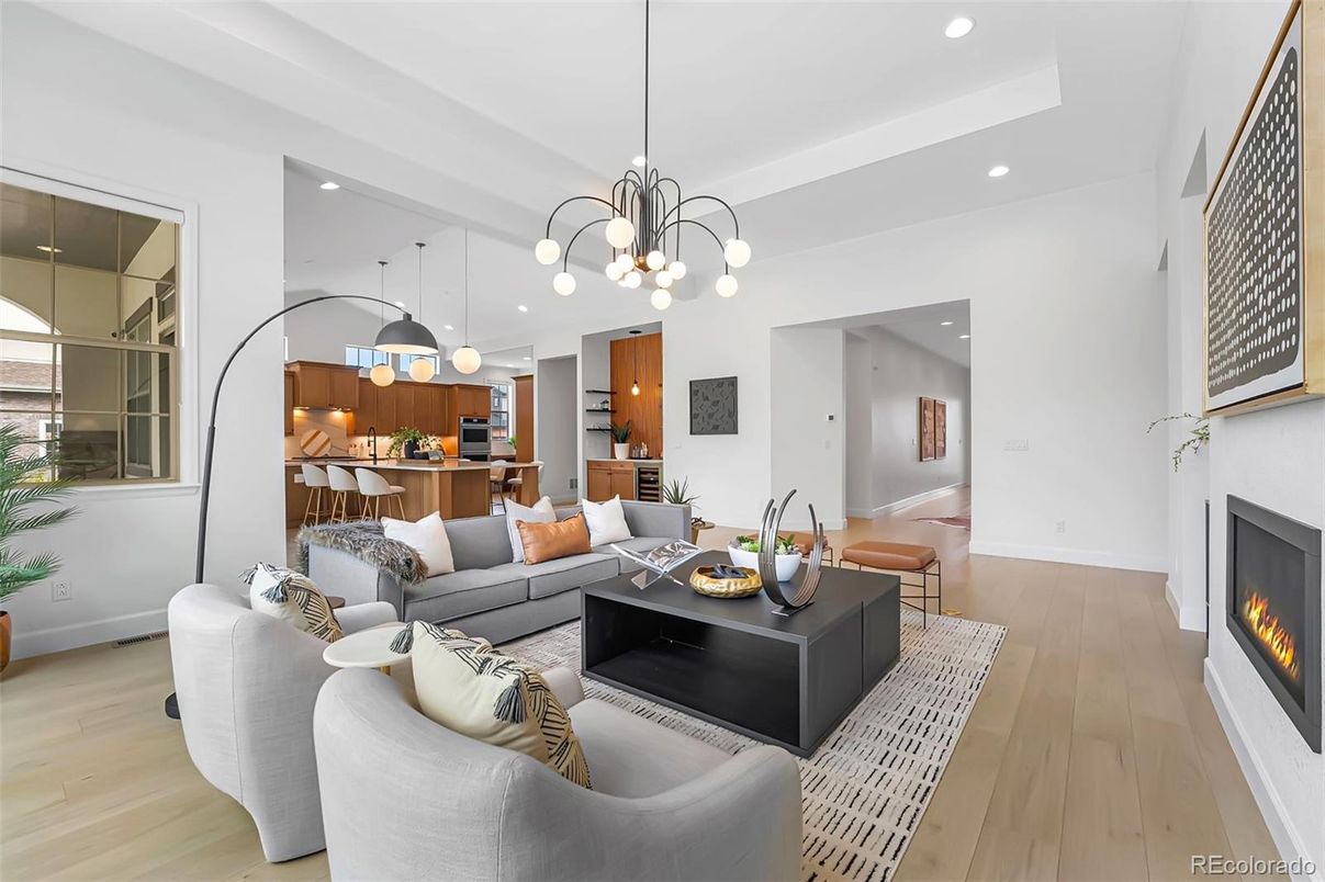 Fireplace, Interior, Kitchen, Living room, Pendant Lights, Recessed Lighting, Wood Texture Flooring