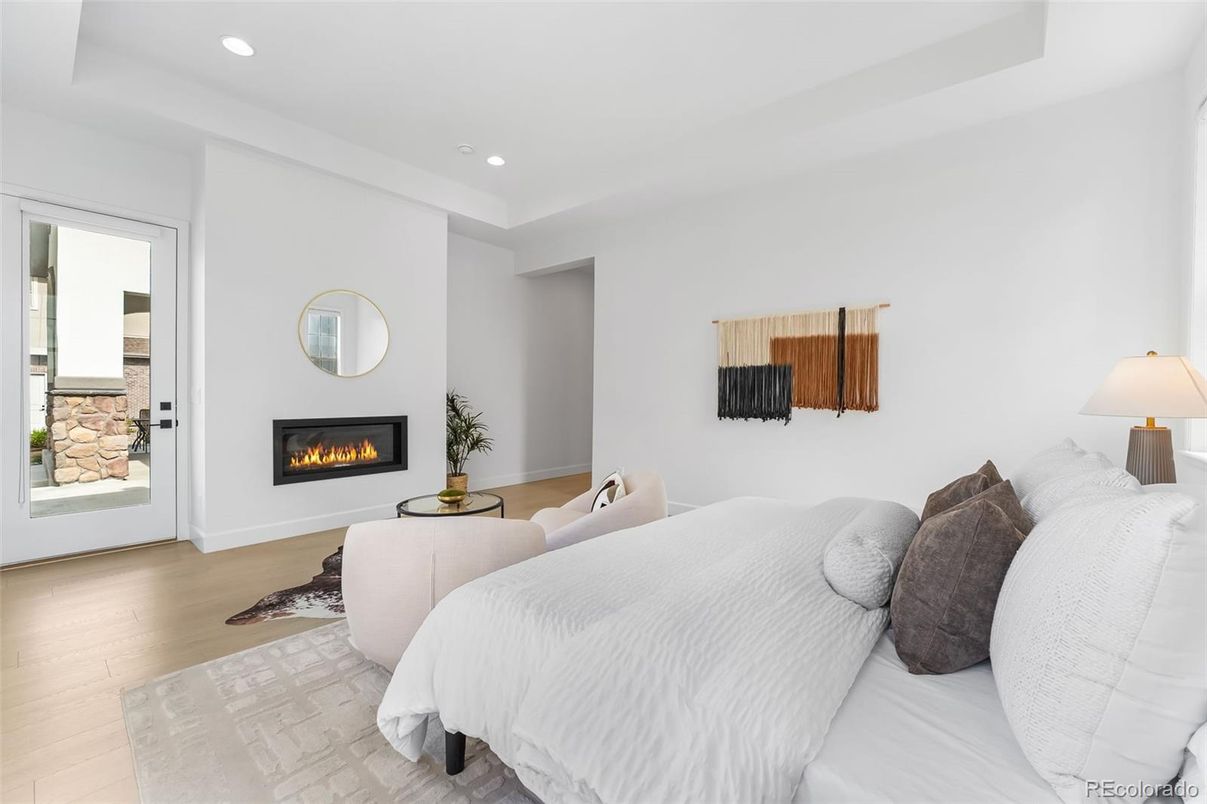 Bedroom, Fireplace, Interior, Recessed Lighting, Wood Texture Flooring