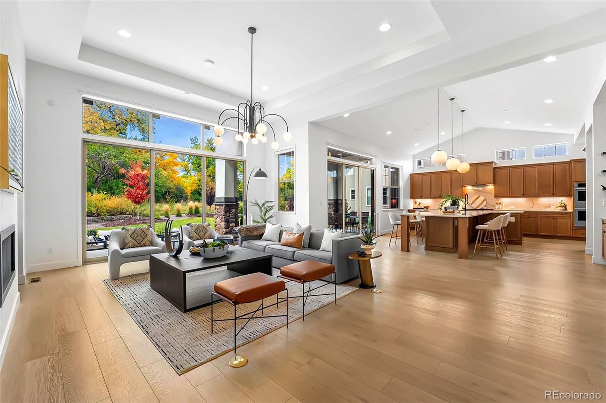 Interior, Kitchen, Living room, Pendant Lights, Recessed Lighting, Wood Texture Flooring