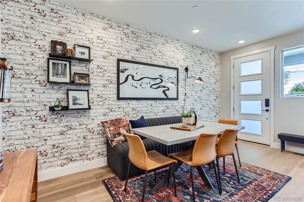 Dining room, Interior, Recessed Lighting, Stone Walls, Wood Texture Flooring