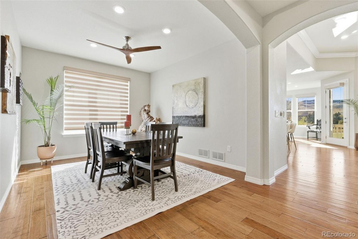 Dining room, Interior, Recessed Lighting, Wood Texture Flooring