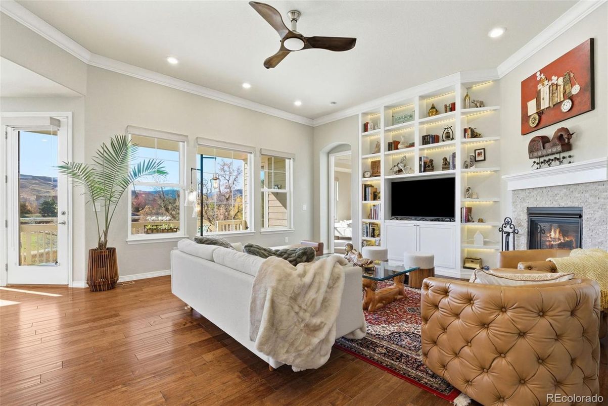 Fireplace, Interior, Living room, Recessed Lighting, Wood Texture Flooring