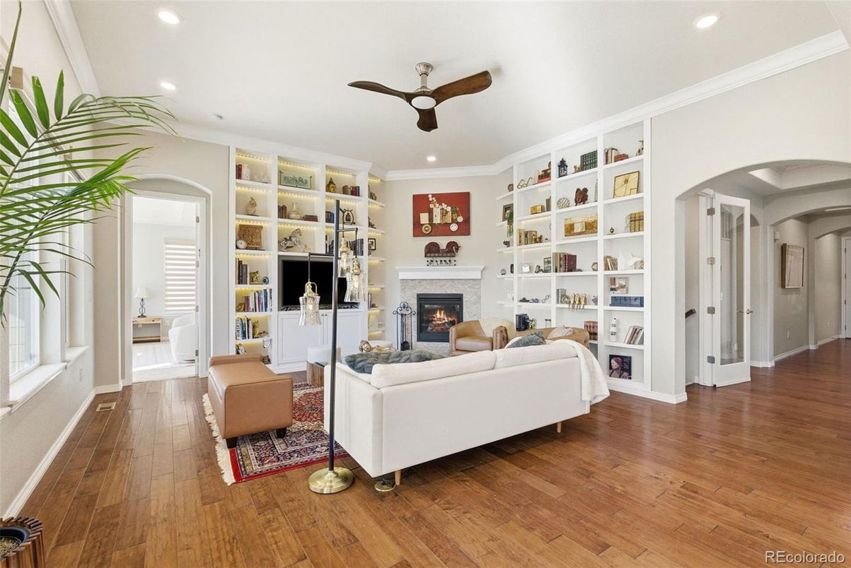 Fireplace, Interior, Living room, Recessed Lighting, Wood Texture Flooring