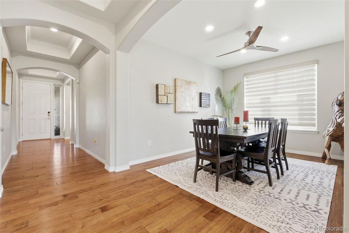 Dining room, Interior, Recessed Lighting, Wood Texture Flooring