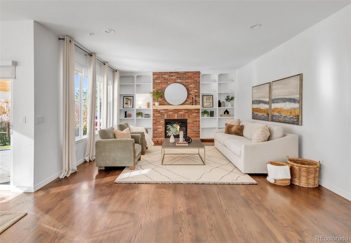 Fireplace, Interior, Living room, Recessed Lighting, Stone Walls, Wood Texture Flooring