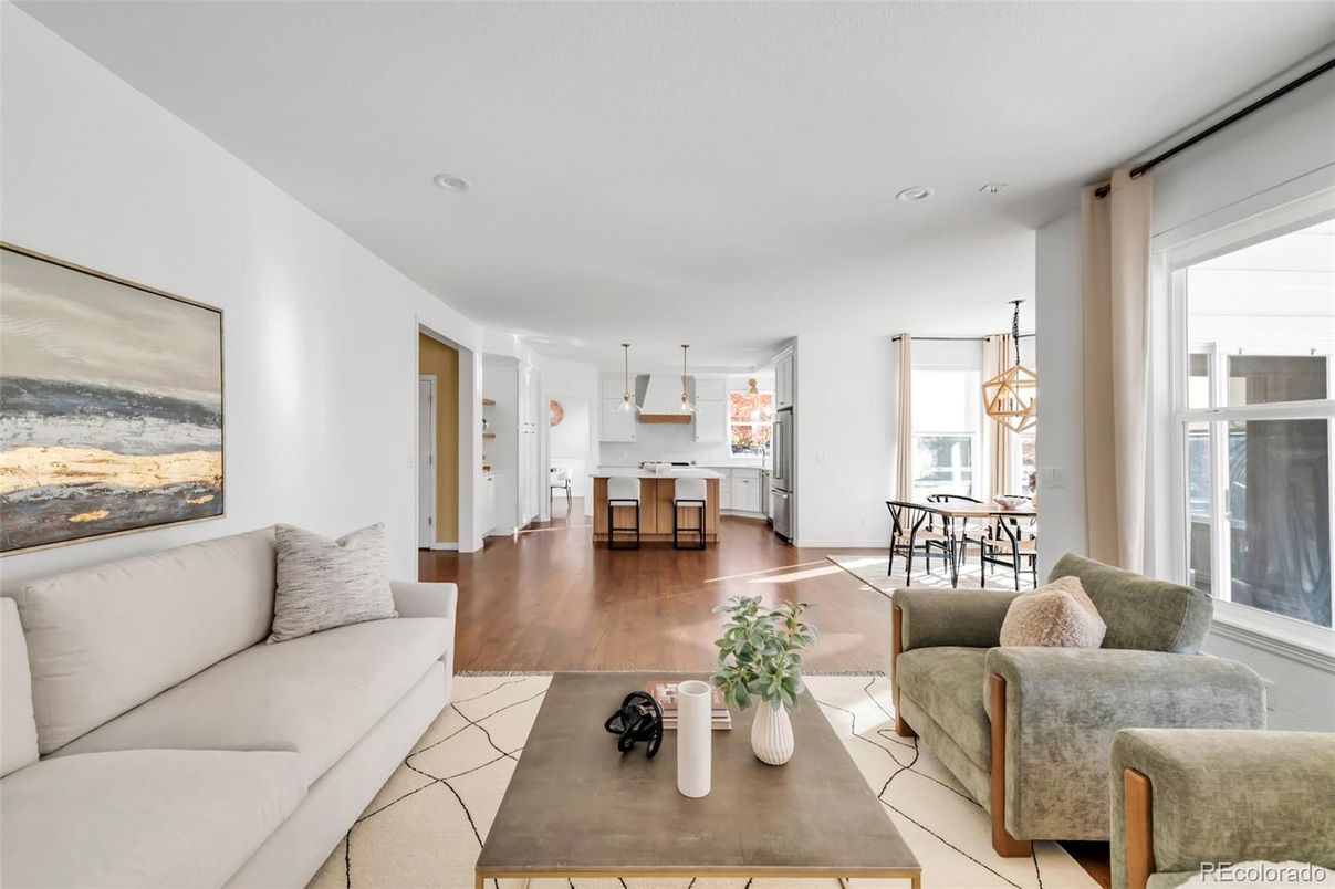 Dining room, Interior, Kitchen, Living room, Pendant Lights, Recessed Lighting, Wood Texture Flooring