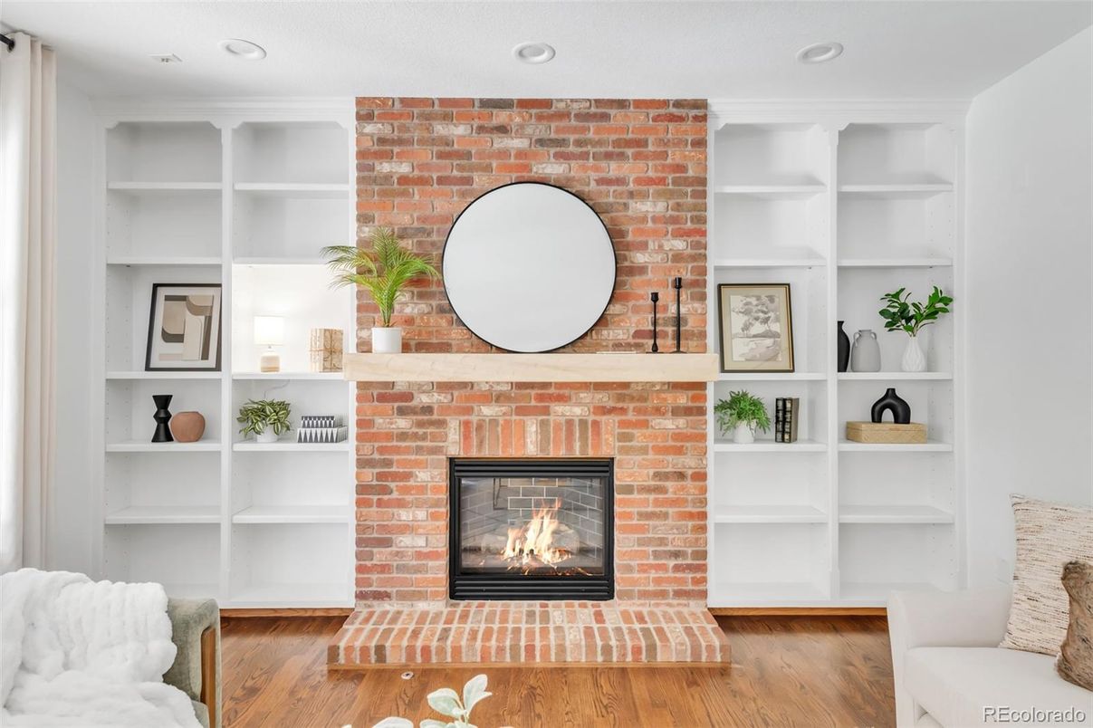 Fireplace, Interior, Recessed Lighting, Stone Walls, Wood Texture Flooring